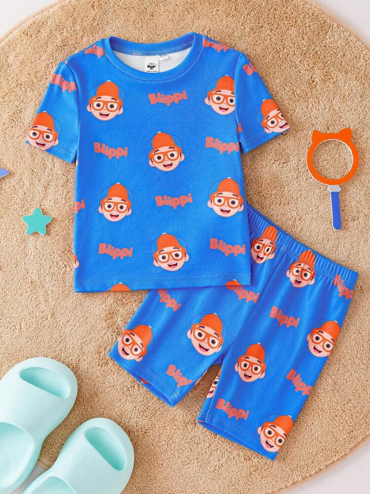 Blippi X SHEIN Young Boy Cartoon Print Blue Cute Casual Short Sleeve T-Shirt And Shorts Tight-Fit Pajama Sleepwear Set | SHEIN