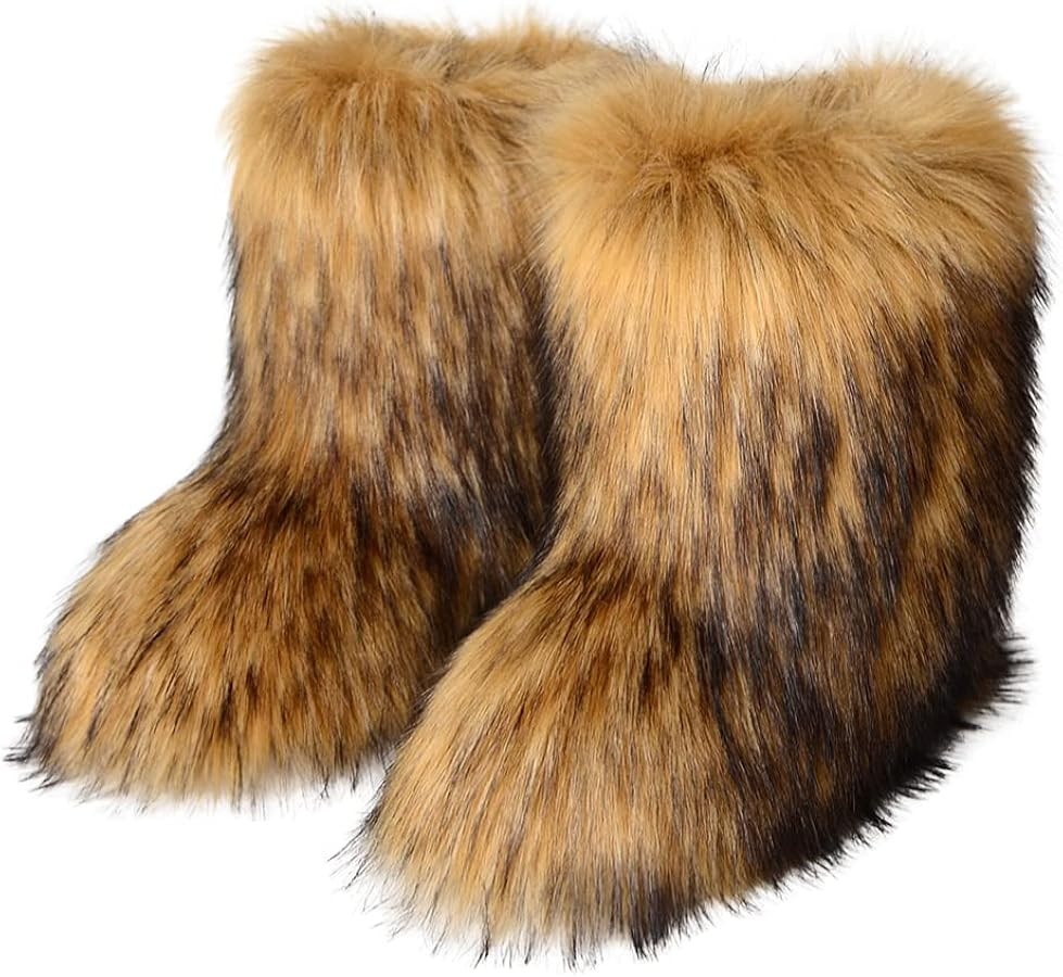 Furry Faux Fur Boots Women's Winter Shoes Woman Fluffy Warm Snow Boots Mid-Calf Comfortable Outdo... | Amazon (US)