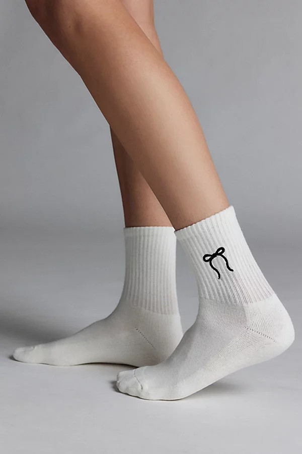 Icon Embroidered Quarter Crew Sock in White/Black Bow, Women's at Urban Outfitters | Urban Outfitters (US and RoW)