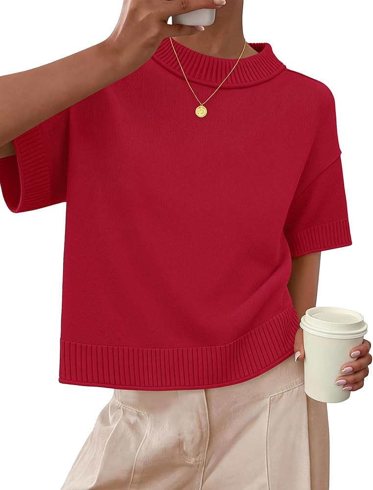 ZESICA Women's Casual Short Sleeve Sweaters 2026 Summer Oversized Crewneck Soft Knit Cropped Tops... | Amazon (US)