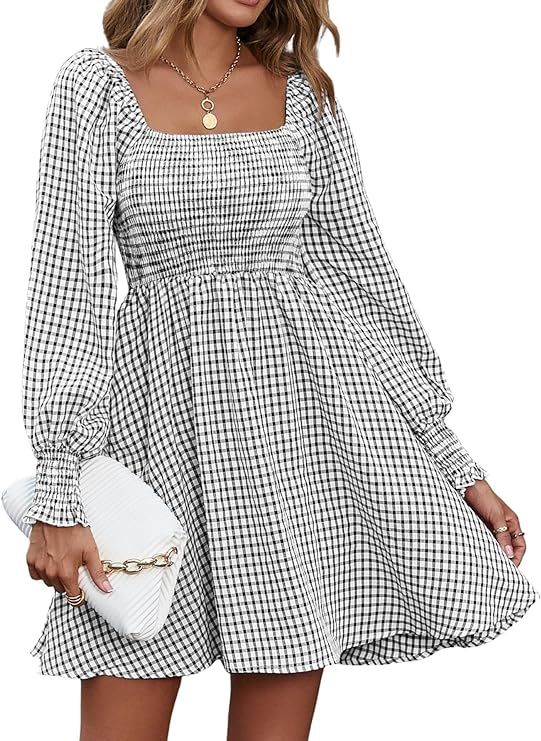 Dokuritu Red Gingham Dress Women Lantern Sleeve Off Shoulder Square Neck Open Back Casual Flowy A... | Amazon (US)