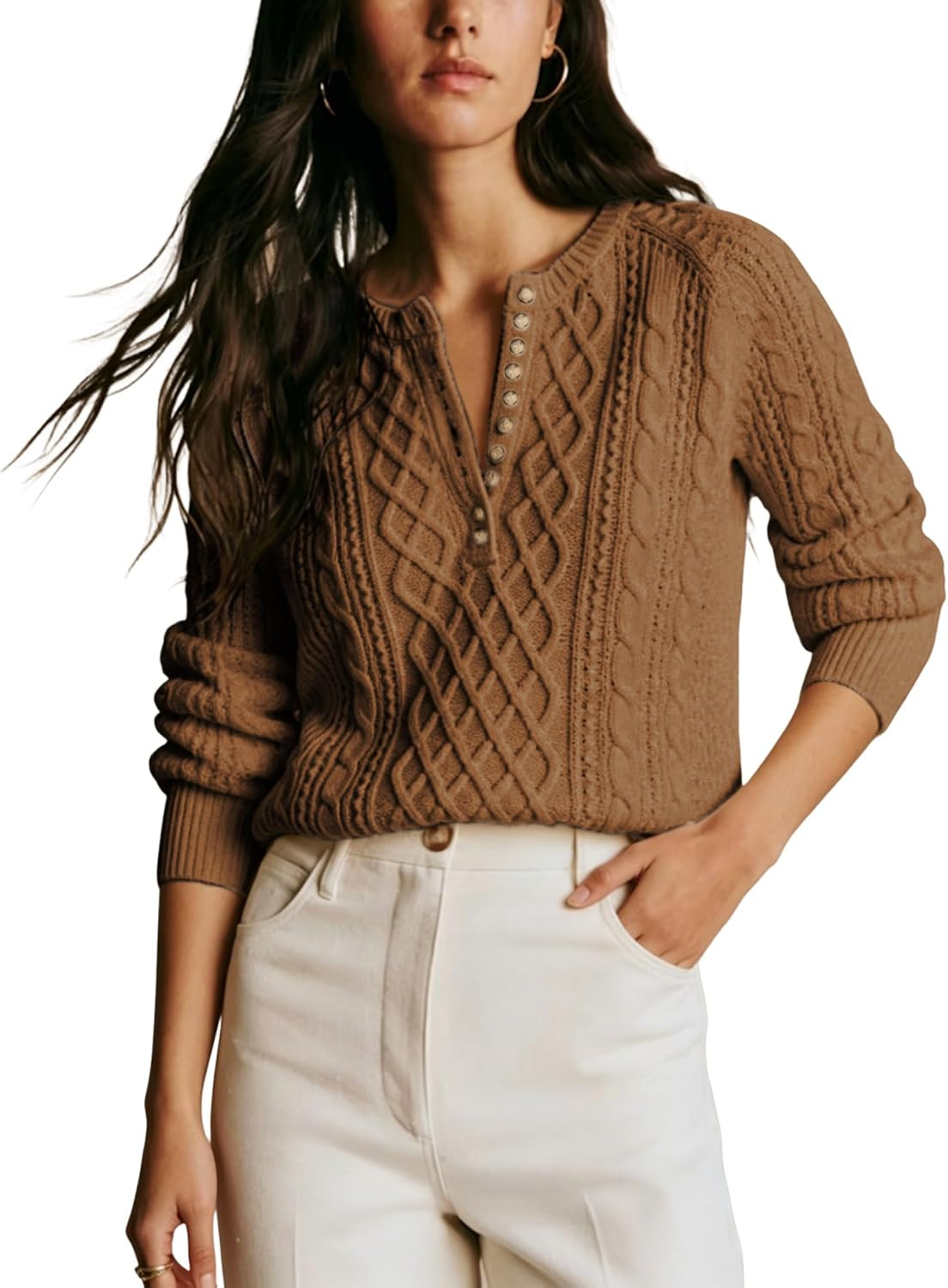 Hongsui Women's Solid Ribbed Knit Sweater Casual Long Sleeve Cropped Pullover Sweater Button Knit Tops | Amazon (US)