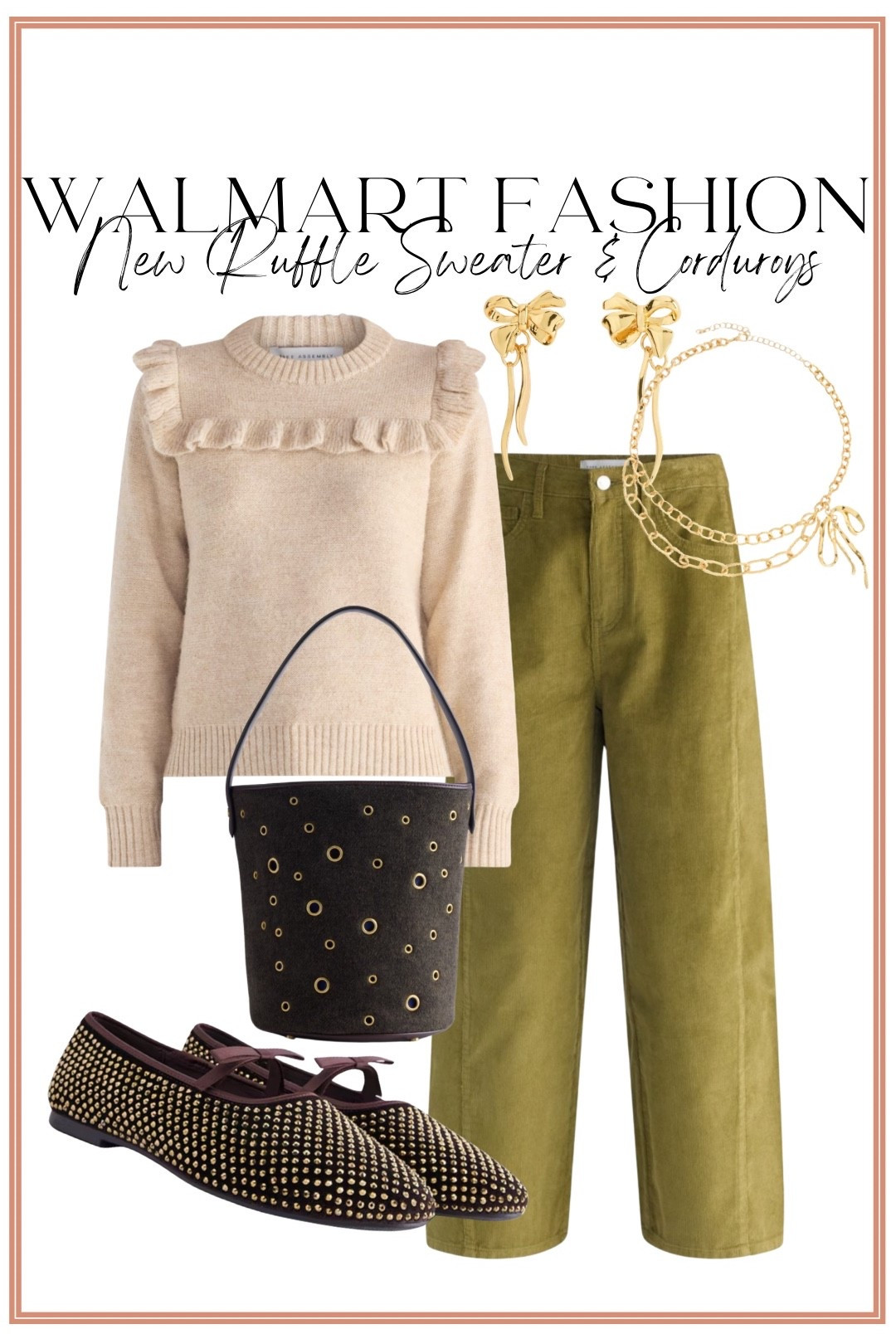 Another gorgeous Walmart fall outfit! 💚 This new ruffle detail sweater is so feminine, and I love it paired with these olive corduroy pants. The bow earrings and embellished flats make the whole look feel extra special! Such a cute affordable outfit for work, weekends, Thanksgiving and everything in between. ✨

#walmartfashion #walmartfinds #walmartstyle #walmartnewarrivals #fallfashion #falloutfitideas #corduroypants #rufflesweater #affordablefashion #womensfashion