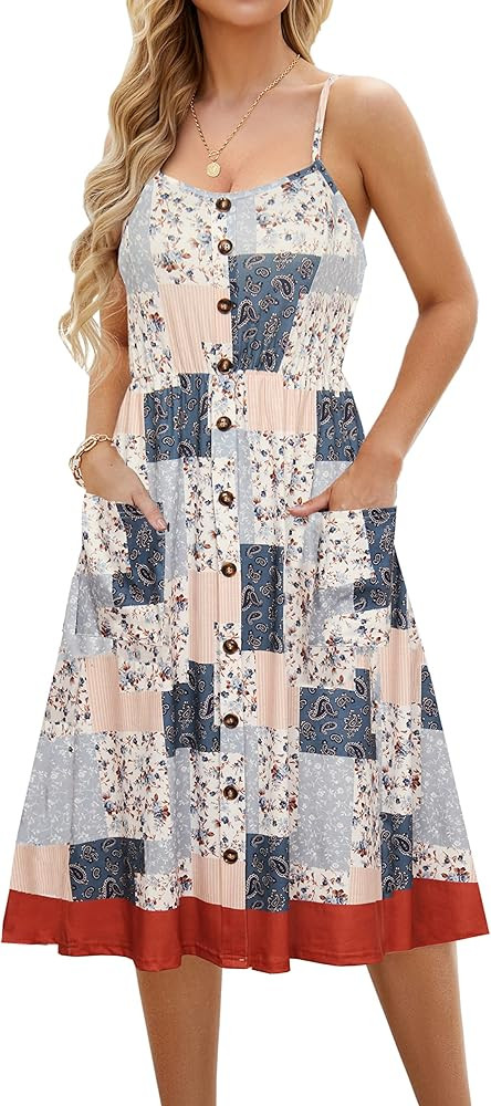 Summer Casual Dresses for Women with Pockets Beach Floral Spaghetti Strap Swing Dress | Amazon (US)