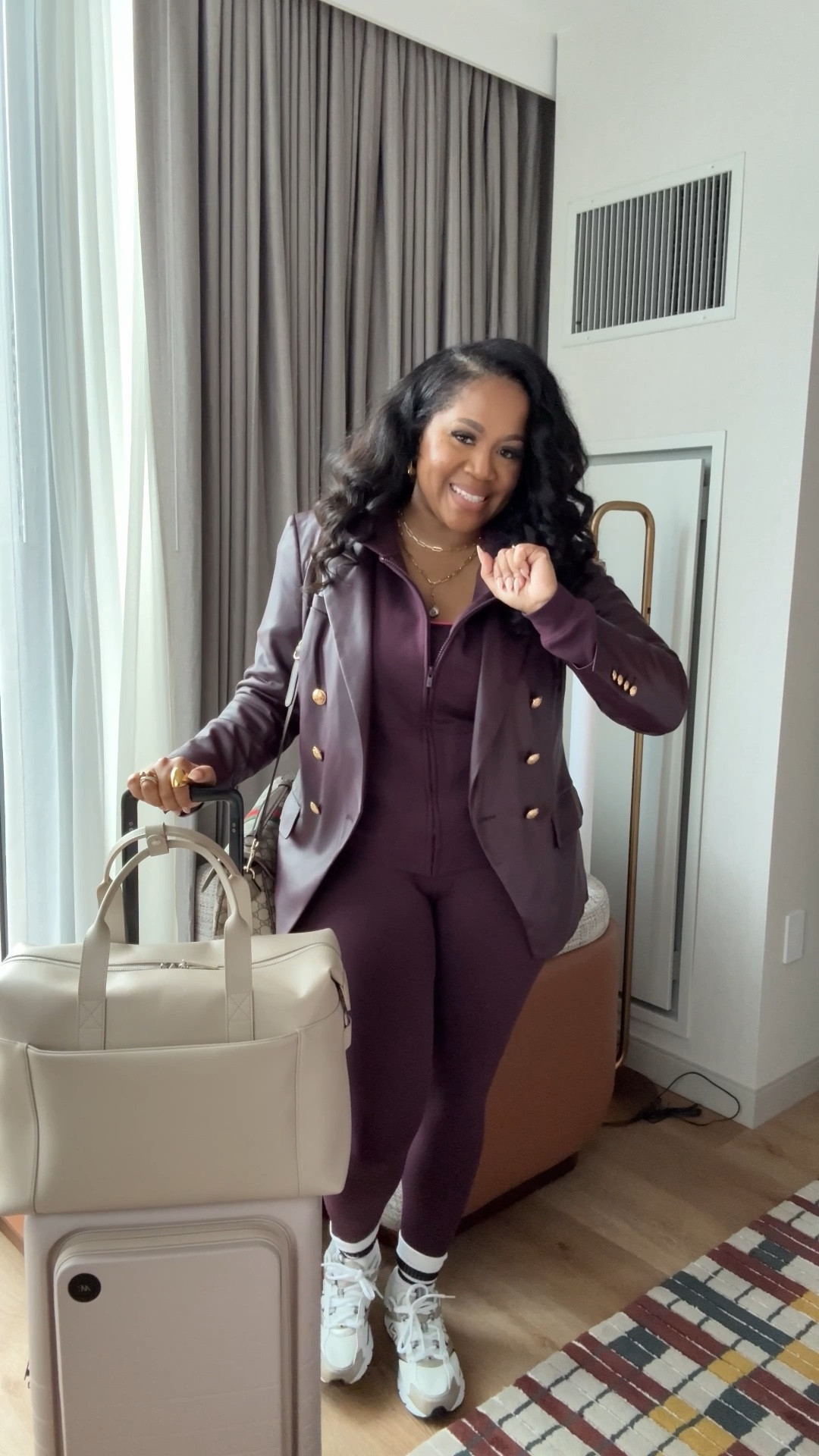 Travel Outfit from Fabletics. Wearing a 1X in bra top and leggings. XL in sweatshirt. Tagged alternative jacket as mine is older.
 Luggage is monos travel but I have been eyeing this Beis set. 

#LTKgrwm #LTKTravel #LTKdayinmylife