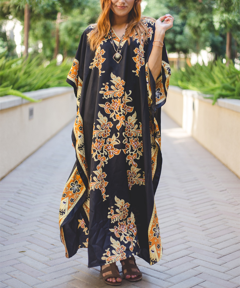 winlar Women's Casual Dresses Black - Black & Orange Floral Caftan - Women | Zulily