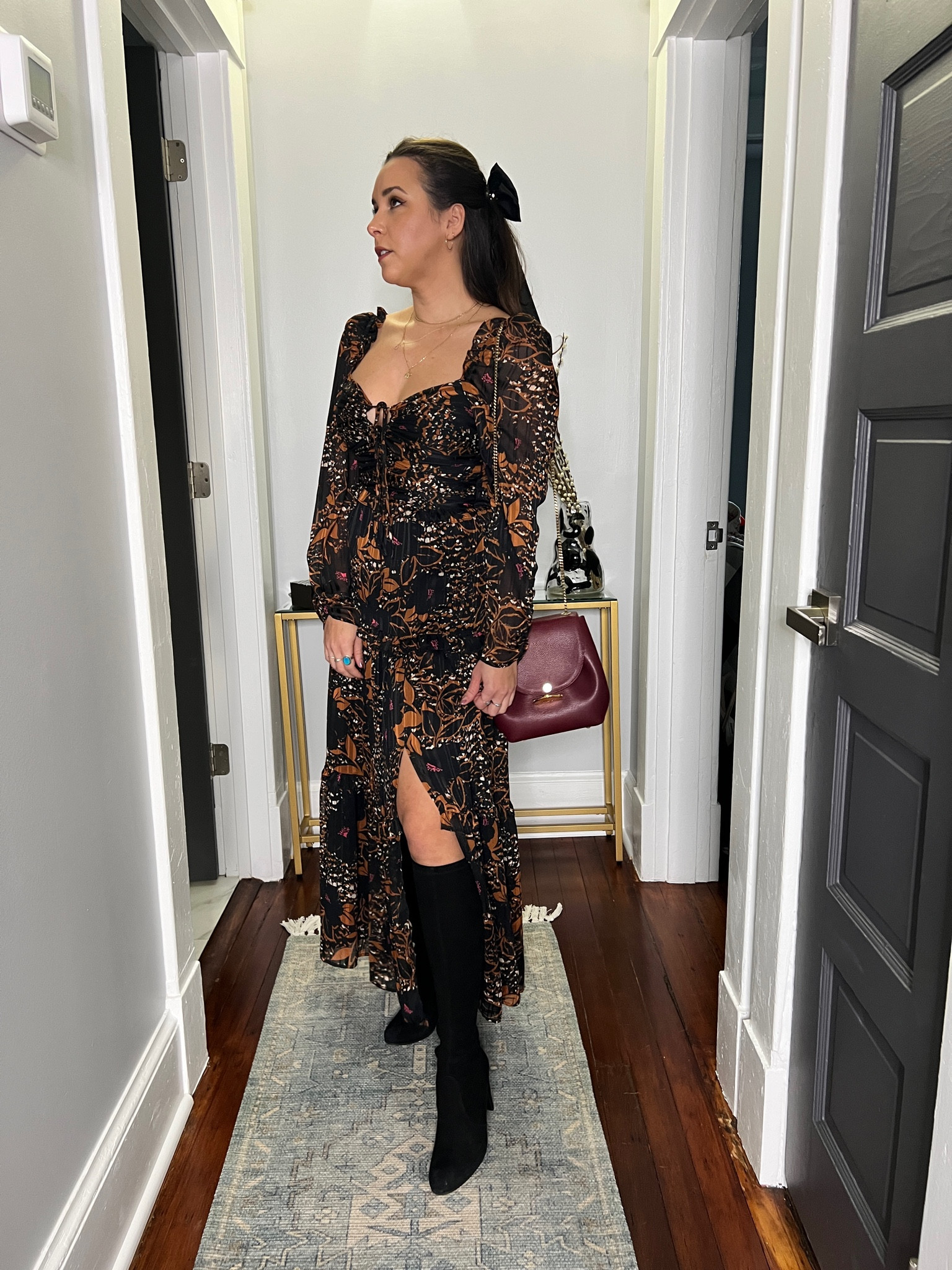 Hair bow. MIDI Dress. Knee high boots. Stuart weitzman boots. Holiday party.

#LTKfindsunder50 #LTKparties #LTKHoliday