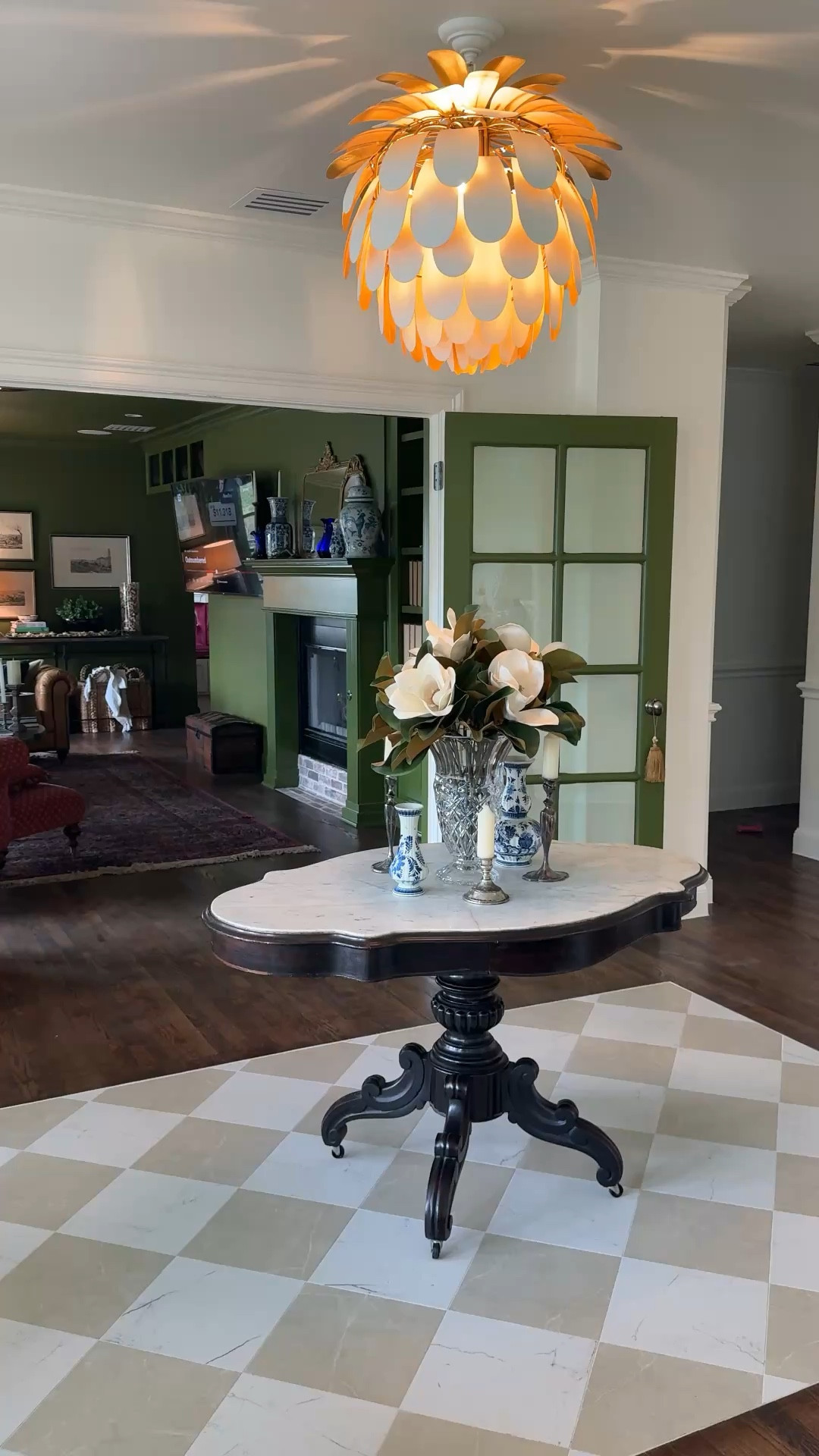 A closer look at the lighting in our foyer
The gold and white leaf detail reflects light onto the ceiling, creating a warm glow that makes the space feel more open and elevated.
#ltkhome #ltkstyle