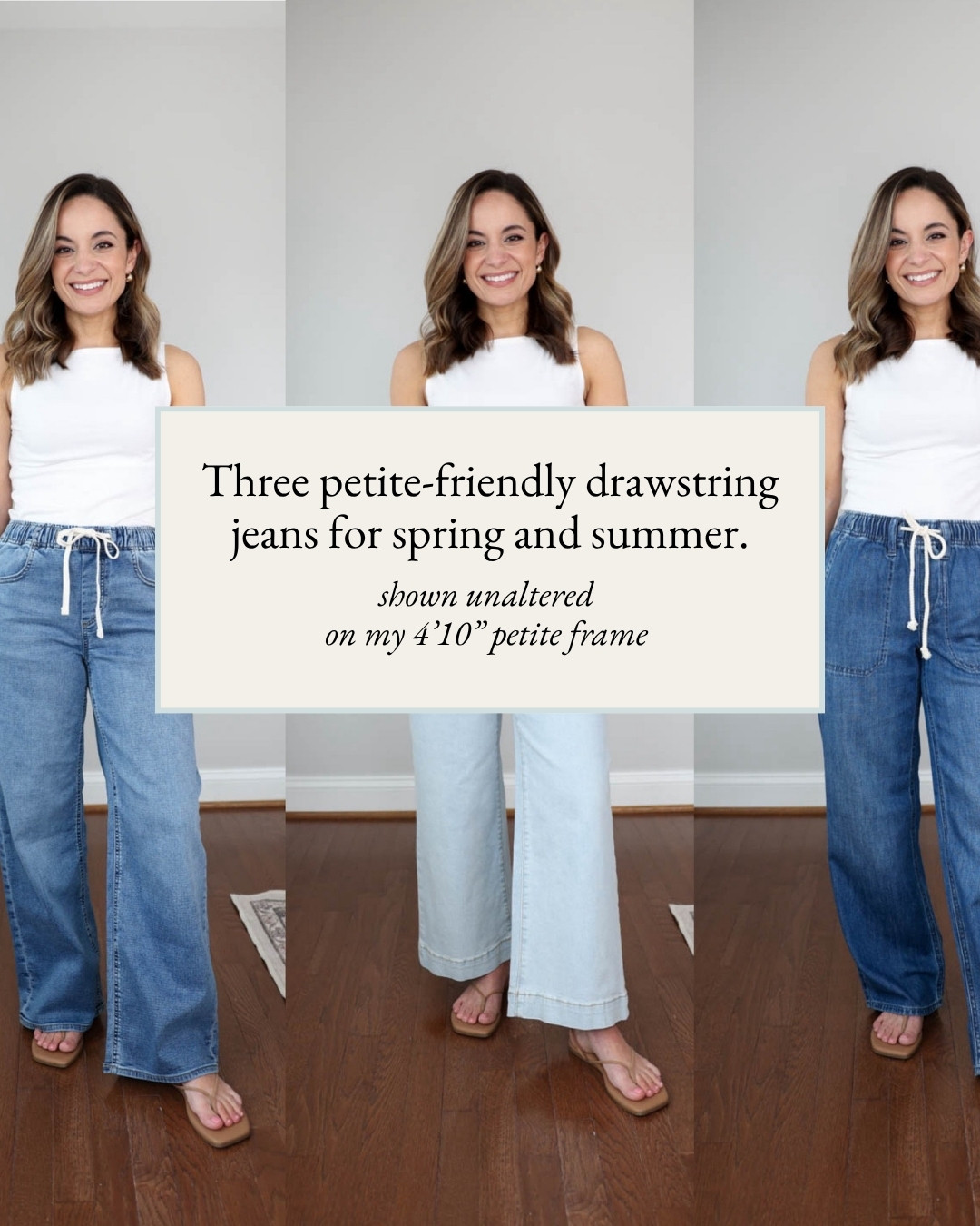 Three Petite-friendly pairs of drawstring jeans for spring and summer! 

High Rise Drawstring Wide-Leg Crop Jeans: 24 Short - light wash | 10.5" rise | 25" inseam | true to size 

J.Crew Factory Petite Drawstring Jeans: Petite 24 | 10" rise | 27" inseam | true to size 

J.Crew Factory Petite Light-Feel Drawstring Jeans: Petite 24 | 10" rise | 28" inseam | true to size

Tank Top (Quince): XS 

Sandals (Tkees): True to size

My sizing for reference: I'm 4'10" and weigh 105lbs. My measurements are 32", 24", 36". I have a 25" ankle inseam and typically wear petite xxs/00/24. 

 #LTKPetite