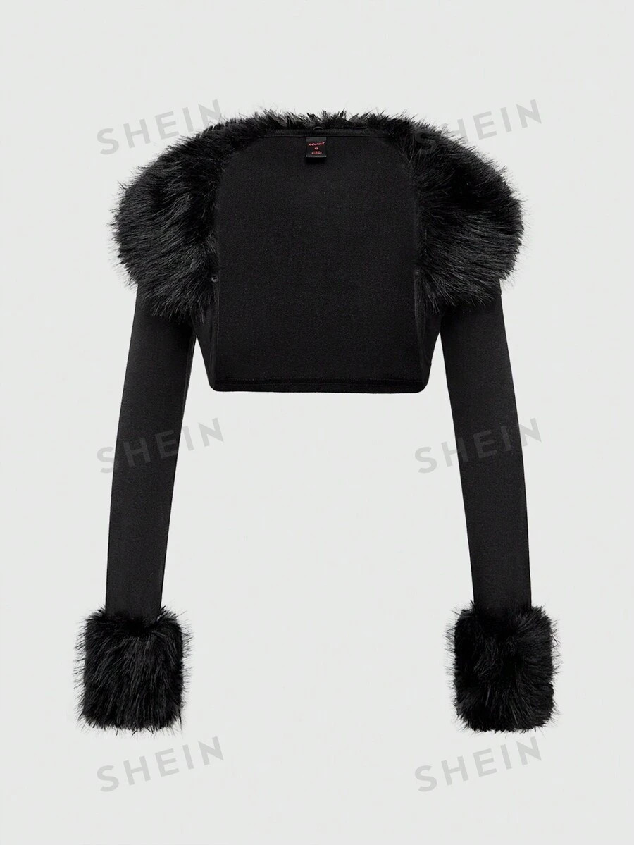 ROMWE Grunge Punk Y2K Harajuku Style Patchwork Leopard Print Faux Fur Collar Cropped Cardigan For... | SHEIN