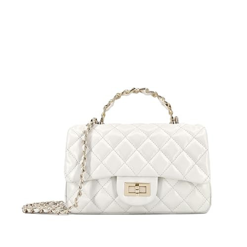 M-ioi-M Small Quilted Crossbody Bags for Women, Smooth Leather Shoulder Bag with Gold Chain Strap, Classic Dressy Evening Flap Purse with Metal Top Handle,Luxury Designer Mini Handbag(Ivory White) | Amazon (US)