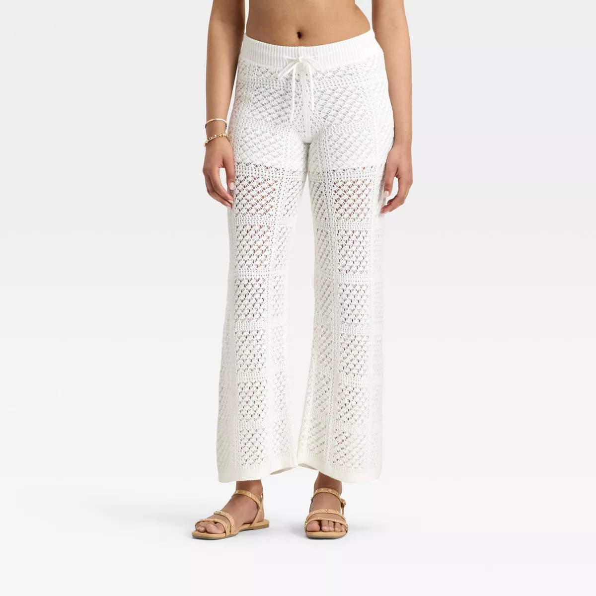 Women's Mid-Rise Wide Leg Openwork Pull-On Pants - Universal Thread™ White | Target