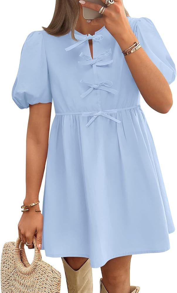 ZESICA Women's Summer Short Sleeve Tie Front Mini Dress Babydoll Ruffle Pleated A Line Vacation G... | Amazon (US)