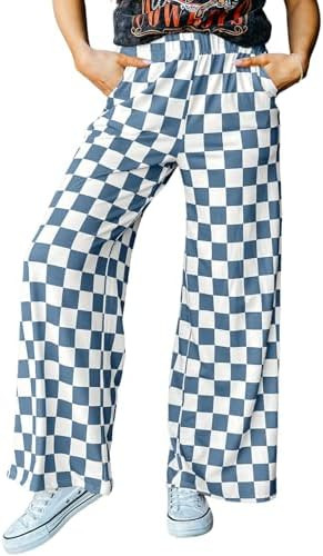 Acelitt Womens Casual Checkered Pants Elastic Waist Comfy Loose Wide Leg Pants with Pockets | Amazon (US)