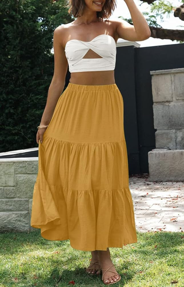 ZCSIA Women's Summer Casual Boho Elastic High Waist Solid Color Pleated A Line Swing Beach Maxi Skir | Amazon (US)