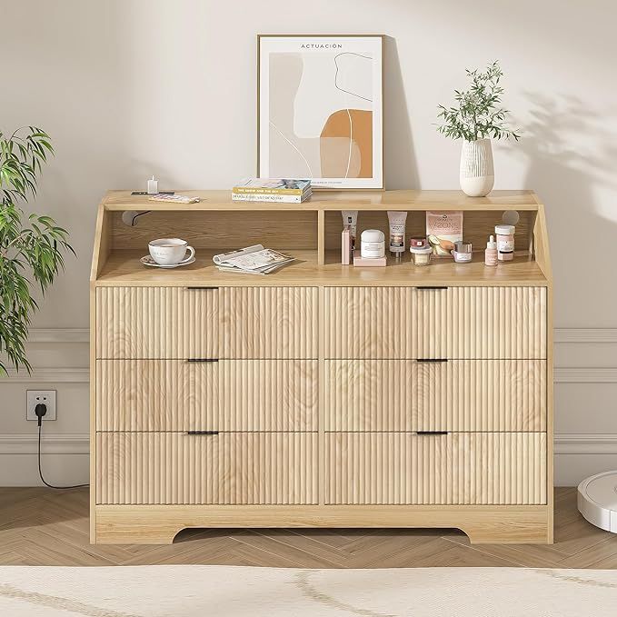 Dresser for Bedroom 6 Drawer Dresser with Charging Station Accent Fluted Drawer Dresser with Powe... | Amazon (US)