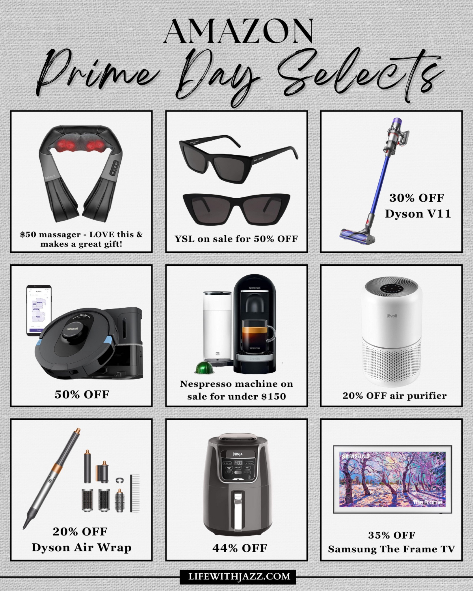 Amazon prime day deals! 

• neck massager (top right) - I own this one along with the foot massager you can get in a bundle
• Ysl sunglasses - 50% off! 
• Dyson v11 - I have the v15, but Dyson vacuums are a great household item!
• air purifier - another great household item to have 
• nespresso machine - I have the nespresso Vertuo plus, I use mine all the time 
• Dyson air wrap - 20% off! 

#LTKFindsUnder50 #LTKSaleAlert #LTKHome
