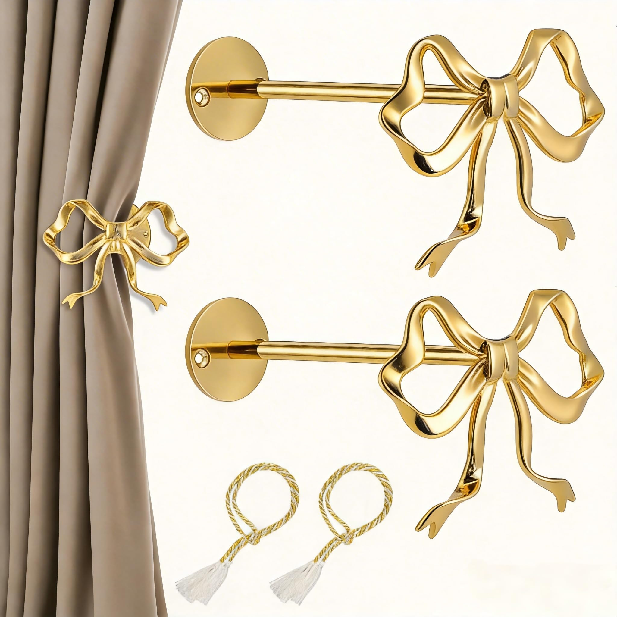 2 Pack Jumbo Bow Curtain Holdbacks, Wall Mounted Large Metal Gold Curtain Tiebacks, Curtain Holde... | Amazon (US)