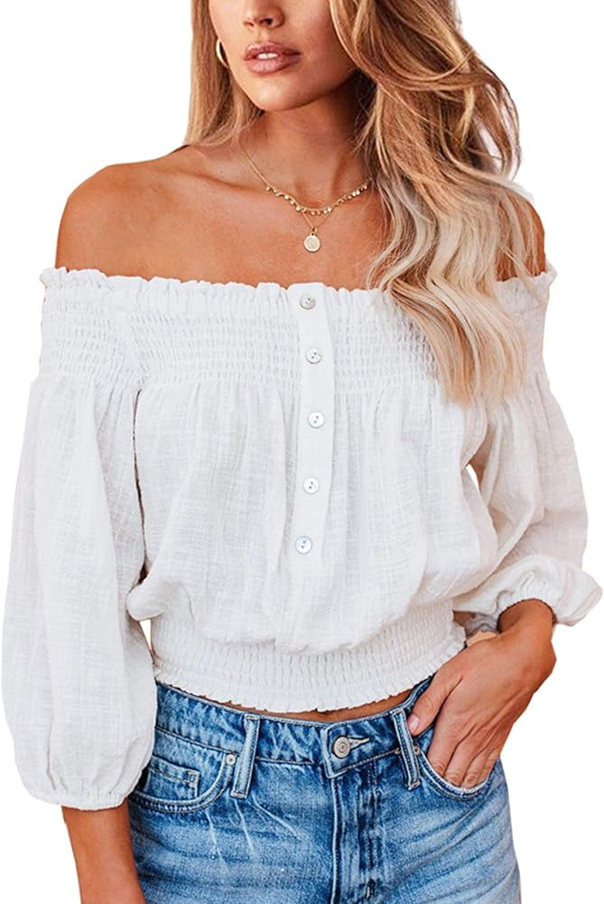 Angashion Women's Tops Sexy Off Shoulder Floral Flare Long Sleeves Printed Cropped Shirt Blouses | Amazon (US)