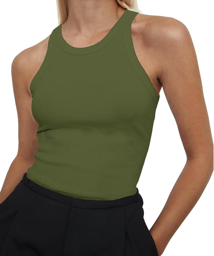Artfish Women's Sleeveless Full Length Ribbed Fitted Racerback Workout Crew High Neck Basic Tank ... | Amazon (US)