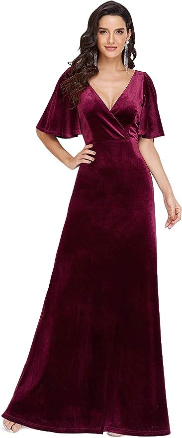 Ever-Pretty Women's Retro V-Neck Wrap Velvet Maxi Dress Long Formal Dress 0861 | Amazon (US)