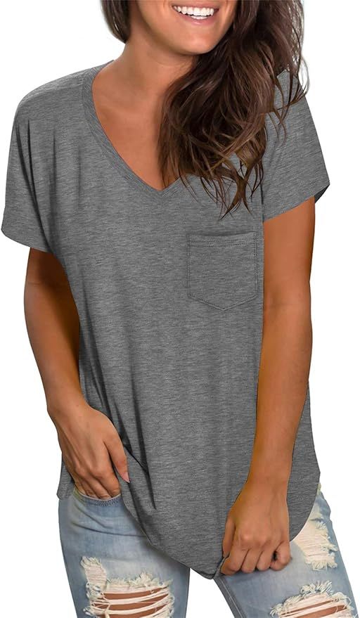 WEESO Women's V Neck Shirts with Pocket Curved Hem Tunics | Amazon (US)
