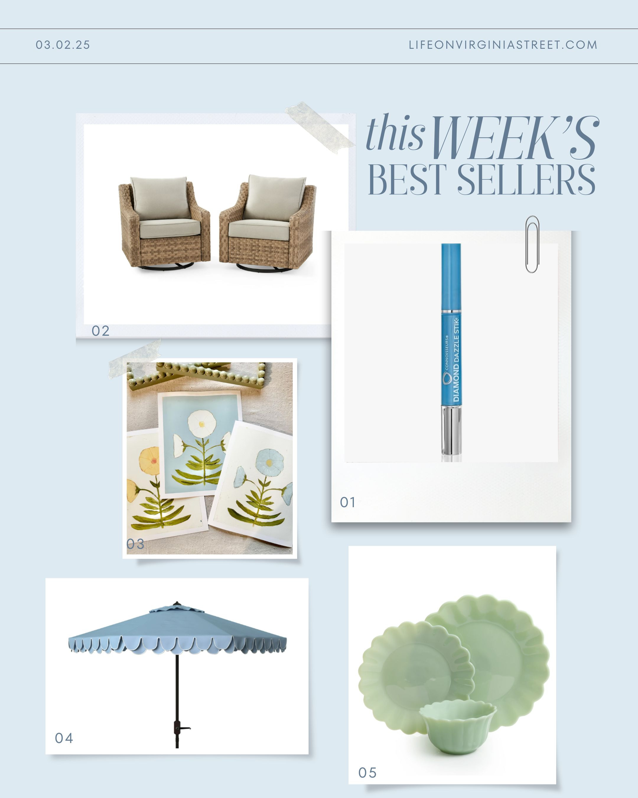 This week's bestsellers include my favorite jewelry cleaning brush, our outdoor swivel chairs (that have finally been re-stocked), gorgeous jaipur art prints, our scalloped pool umbrellas, and scalloped jade dishes we own and love! #ltkfindunder50 #ltkfindsunder100 #ltksalealert #ltkhome #ltkseasonal #ltkstyletip #ltksalealert 

 #LTKSeasonal #LTKHome #LTKFindsUnder50