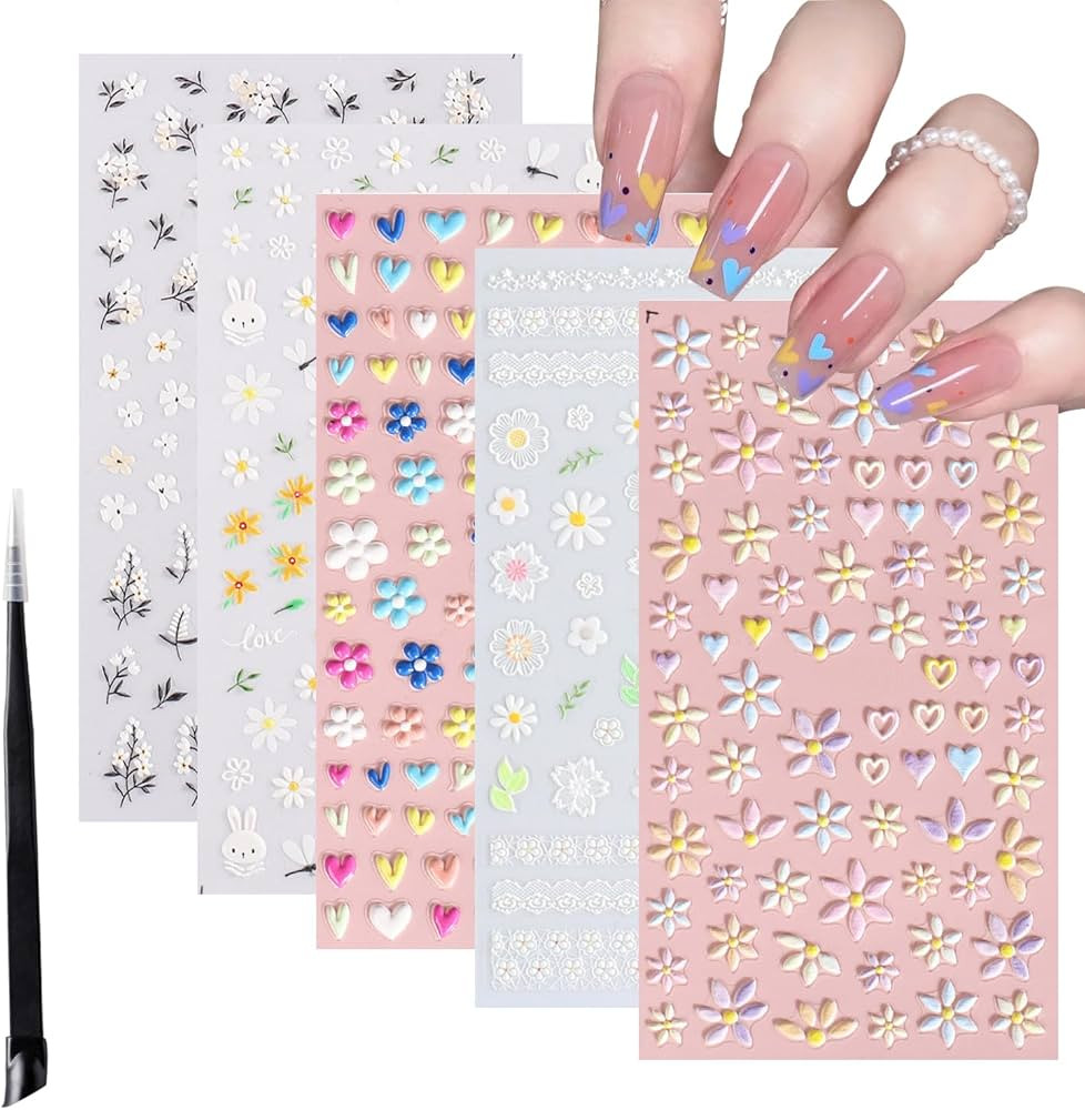 Embossed Flower Nail Art Stickers Decals 5D Self-Adhesive Colorful Hearts, Rabbits, lace,Daisy Bl... | Amazon (US)