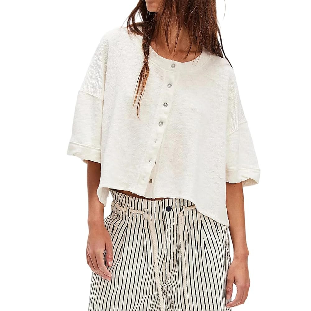 Womens Open Front Button Down Cardi Tee Drop Shoulder 3/4 Wide Sleeve Y2k Cute Going Out Shirts S... | Amazon (US)