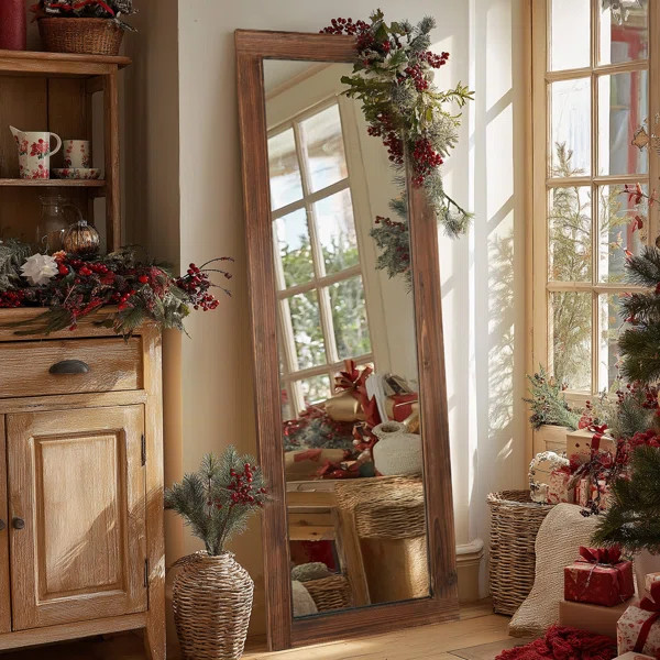 Full Length Mirror With Solid Paulownia Wood Frame, Standing Or Wall-Mounted | Wayfair North America