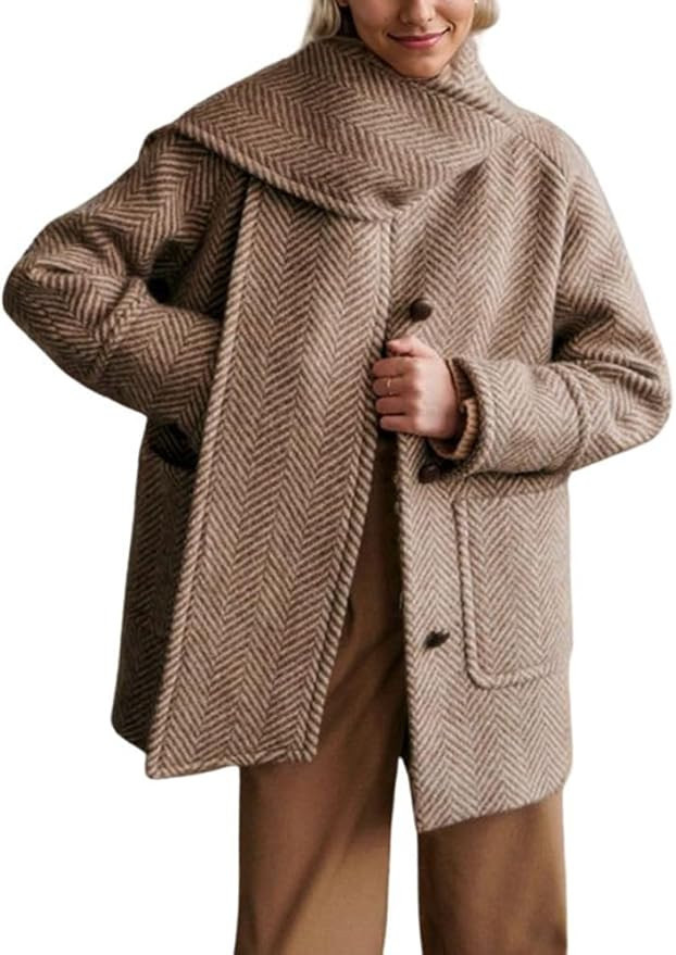 chouyatou Women's Winter Herringbone Wool Coat Button Down Woolen Trench Pea Coat with Scarf | Amazon (US)