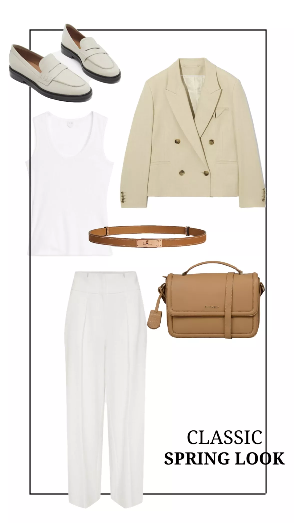 chic neutral outfit with white jeans celine belt cropped blazer