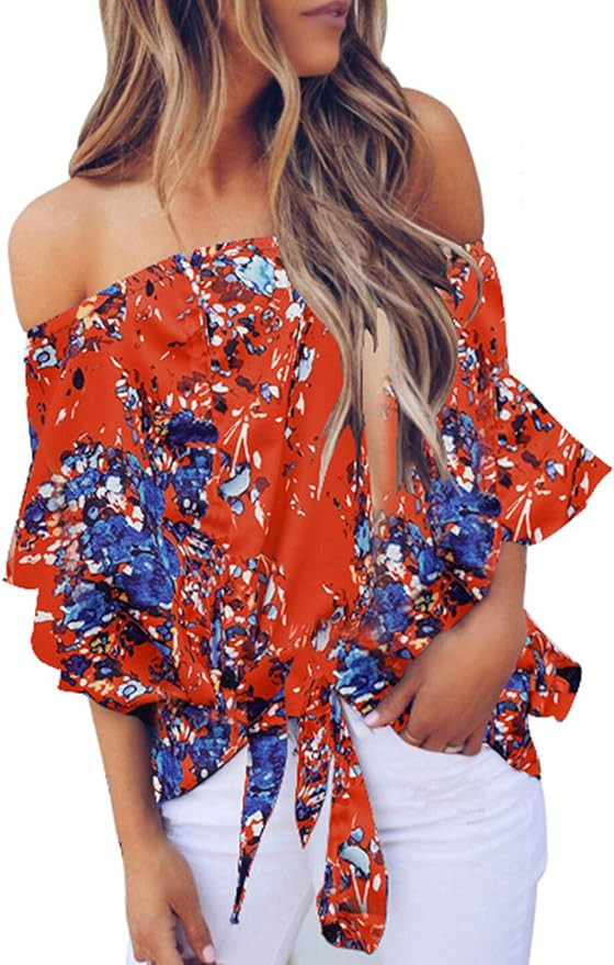 Asvivid Womens Summer Floral Printed Off The Shoulder Tops 3 4 Flare Sleeve Tie Knot T-Shirt Blou... | Amazon (US)