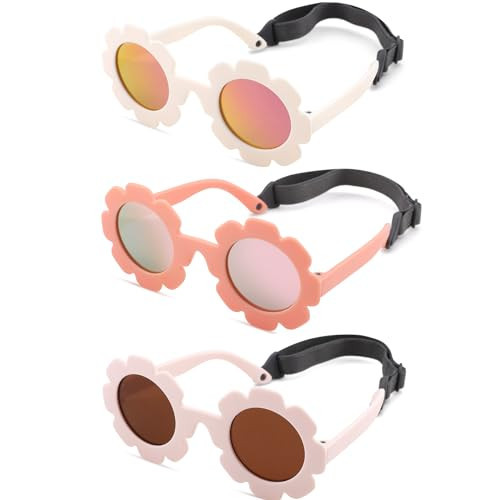 GLARDEFE Polarized Baby Sunglasses with Strap - Unbreakable Infant Flowers Sunglasses for Newborn Girls Boys Age 0-12 Months(White/Red Mirror + Pink/Pink Mirror + Beige/Brown) | Amazon (US)