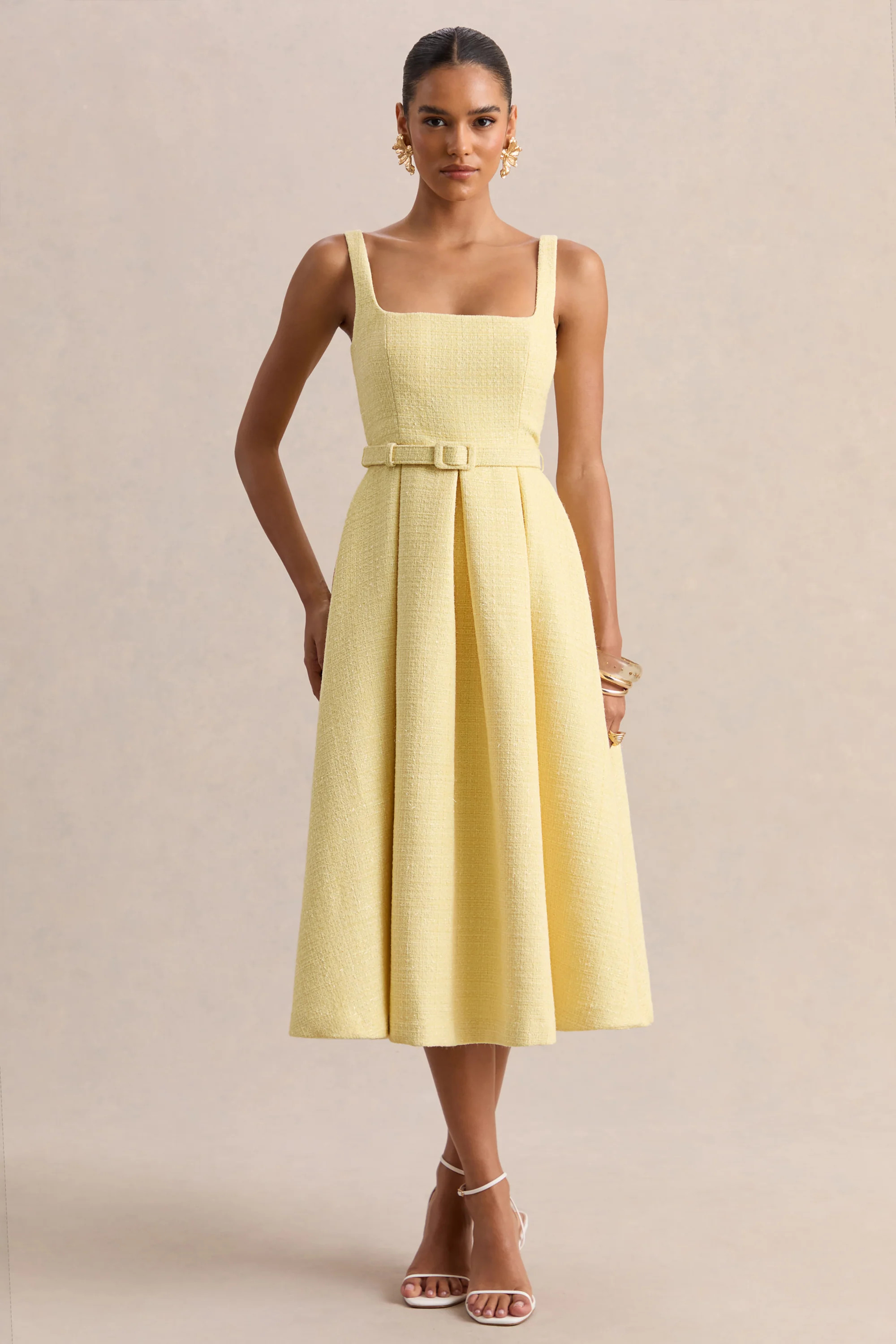 Camoria | Lemon Boucle Square-Neck Midi Dress | Club L London