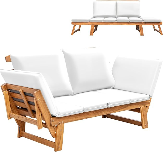 Greesum Patio Convertible Couch Sofa Bed with Adjustable Armrest, Acacia Wood Outdoor Daybed with... | Amazon (US)
