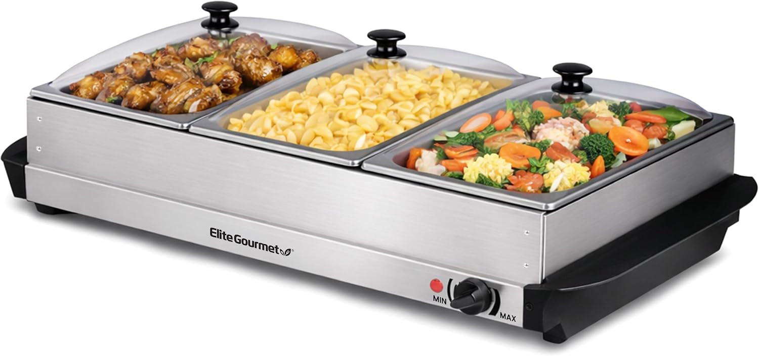 Elite Gourmet EWM-6171 Triple Buffet Server, 7.5 Qt, Stainless Steel | Amazon (US)
