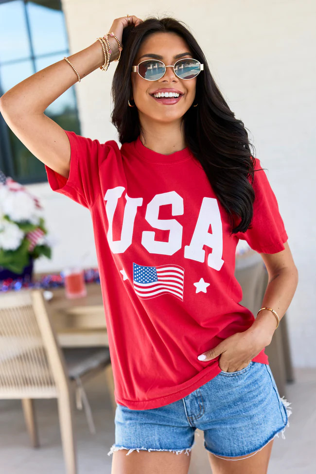 Athletic USA Flag Red Graphic Tee | Pink Lily