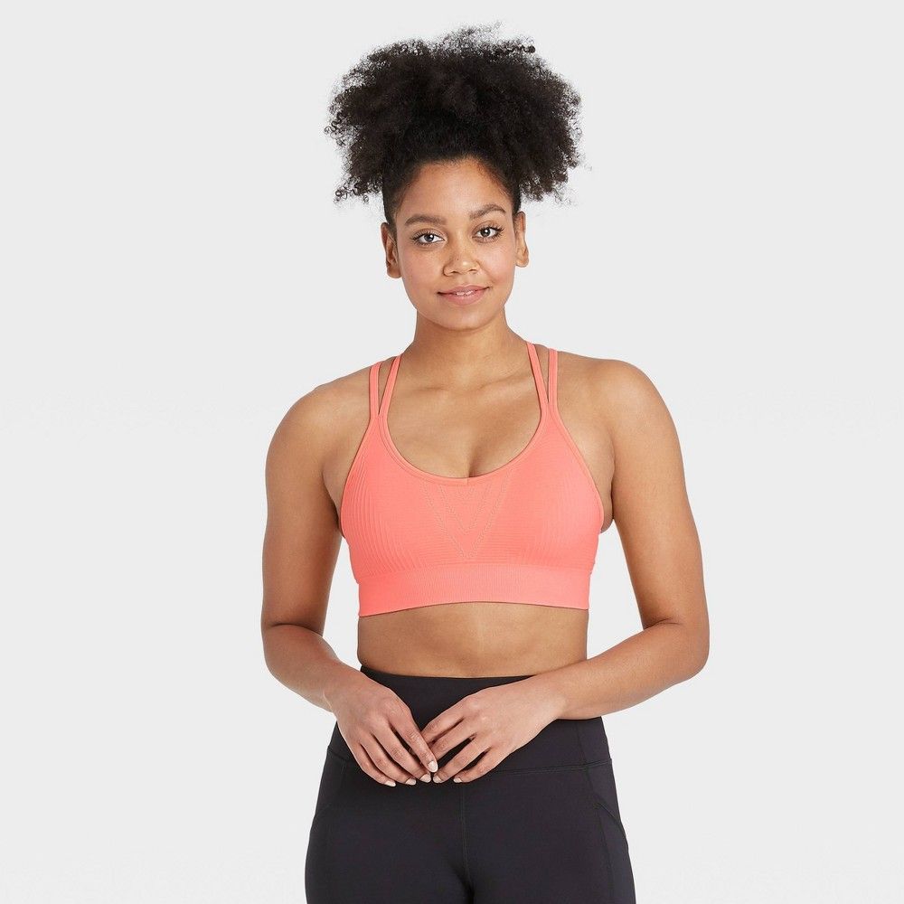 Women's Medium Support Ribbed Seamless Bra - All in Motion Coral L, Pink | Target