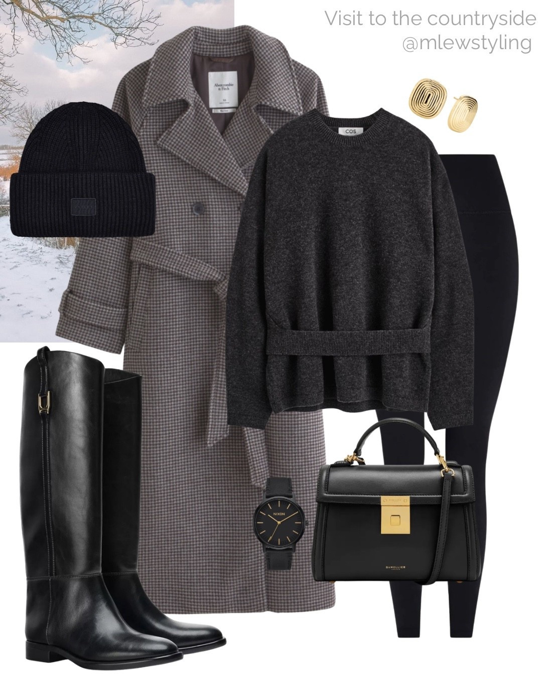 Weekend in the country outfit inspo 🖤

Tags: winter outfit, countryside chic, Abercrombie belted wool coat, grey COS sweater, black leggings, leather riding boots, Varley black beanie, DeMellier leather bag, black Nixon watch 

#LTKootd #LTKHoliday #LTKSeasonal