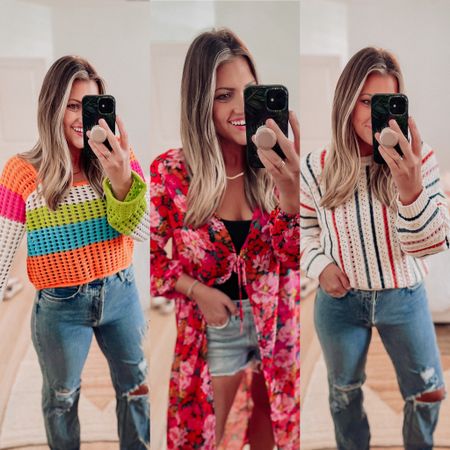New target haul! Obsessed with it all! Size S in the colorful striped sweater / S kimono (size down!) / size M in the off white striped sweater / size 4 jeans - I went up one and y’all already know how in love with these I am.. so dang good / highly recommend all of these target finds! This kimono is gorgeous and will be amazing as a swimsuit coverup OR with jeans or shorts like I styled it for spring break! / my favorite denim cut off shorts ever from last year  - size up!! / Abercrombie bodysuit I’m wearing under everything - size M (go up if in between sizes) / 

#LTKtravel #LTKunder50 #LTKswim