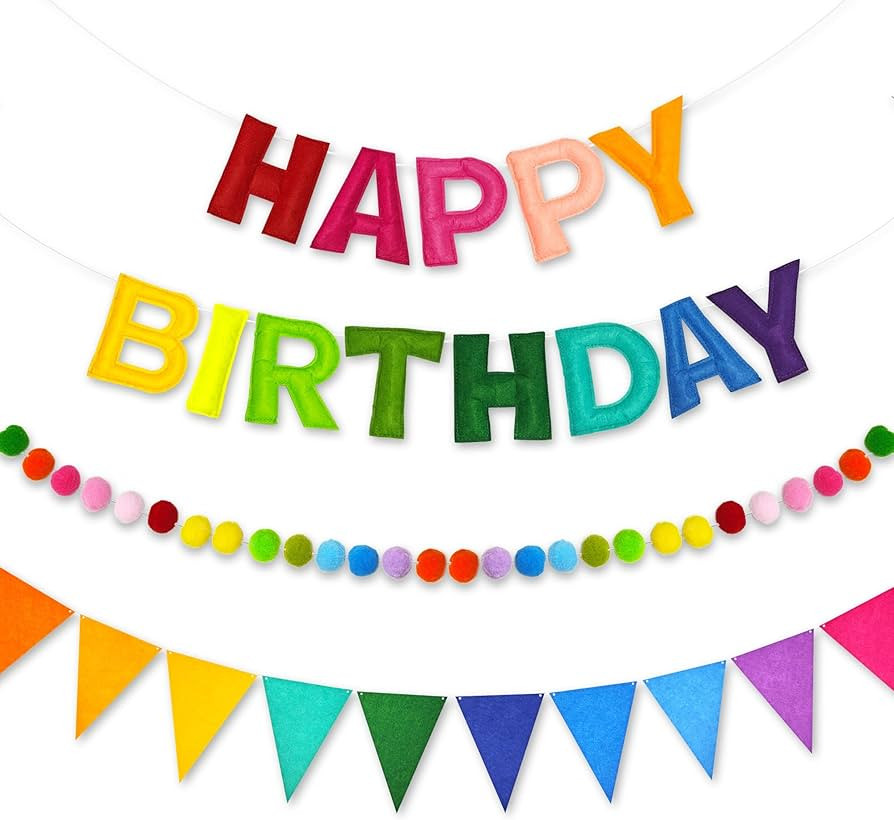 CANREVEL Pre-Strung 3D Happy Birthday Banner, 3 PCS Rainbow Happy Felt Garland, Pom Pom Garland, ... | Amazon (US)