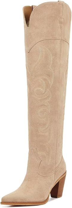 ISNOM Knee High Cowboy Cowgirl Boots for Women, Western Boots with Pull On Tab, Chunky Heel Desig... | Amazon (US)