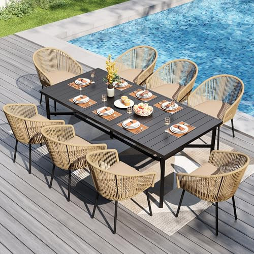 PHI VILLA 9 Pieces Outdoor Dining Set for 8, 83" Long Rectangle Wrought Iron Table with Umbrella Hole & Cushioned Brown Wicker Chairs, Modern Outside Furniture for Patio, Deck, Backyard, Porch | Amazon (US)