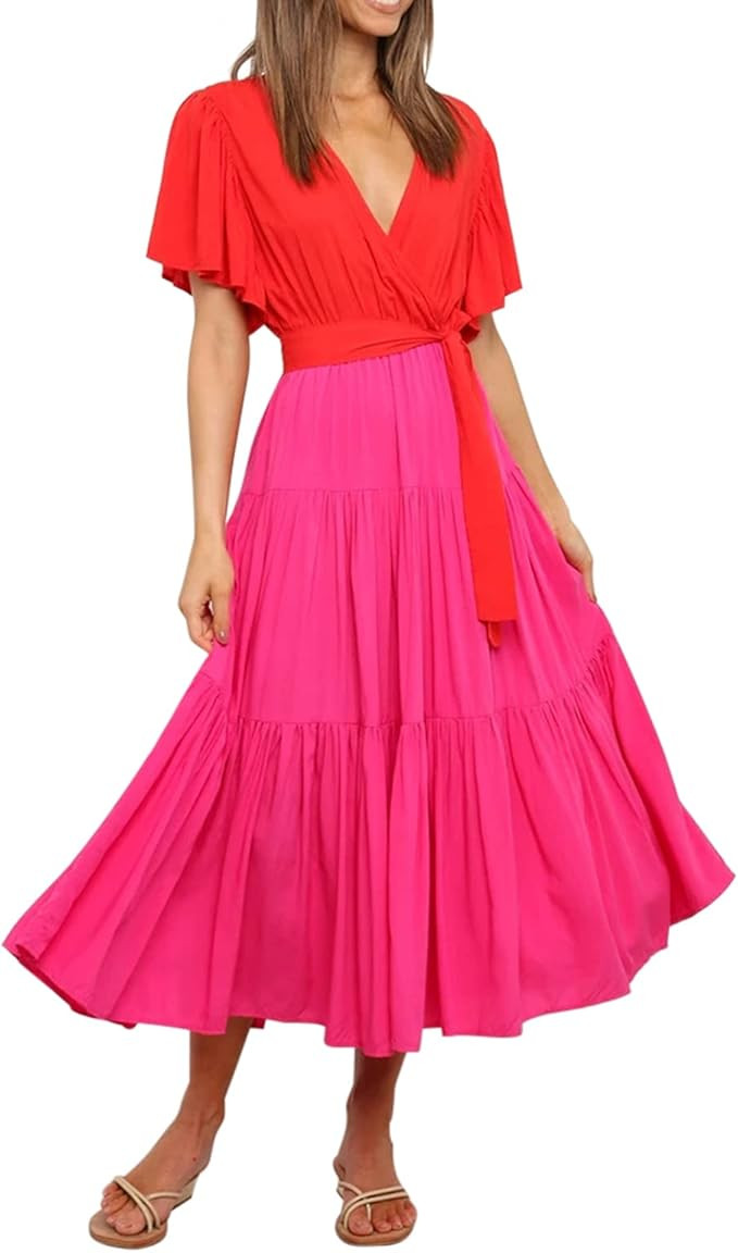 R.Vivimos Summer Dress for Women Cotton Ruffle Short Sleeves V Neck Casual Flowy Midi Dress with ... | Amazon (US)