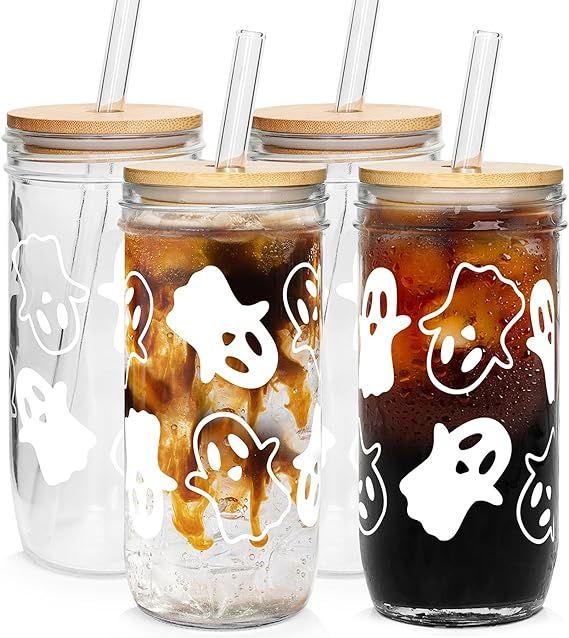 Halloween Cups, Ghost Decor 24oz Halloween Mug Mason Jar Glass Cups with Lids and Straws Ghost Tu... | Amazon (US)