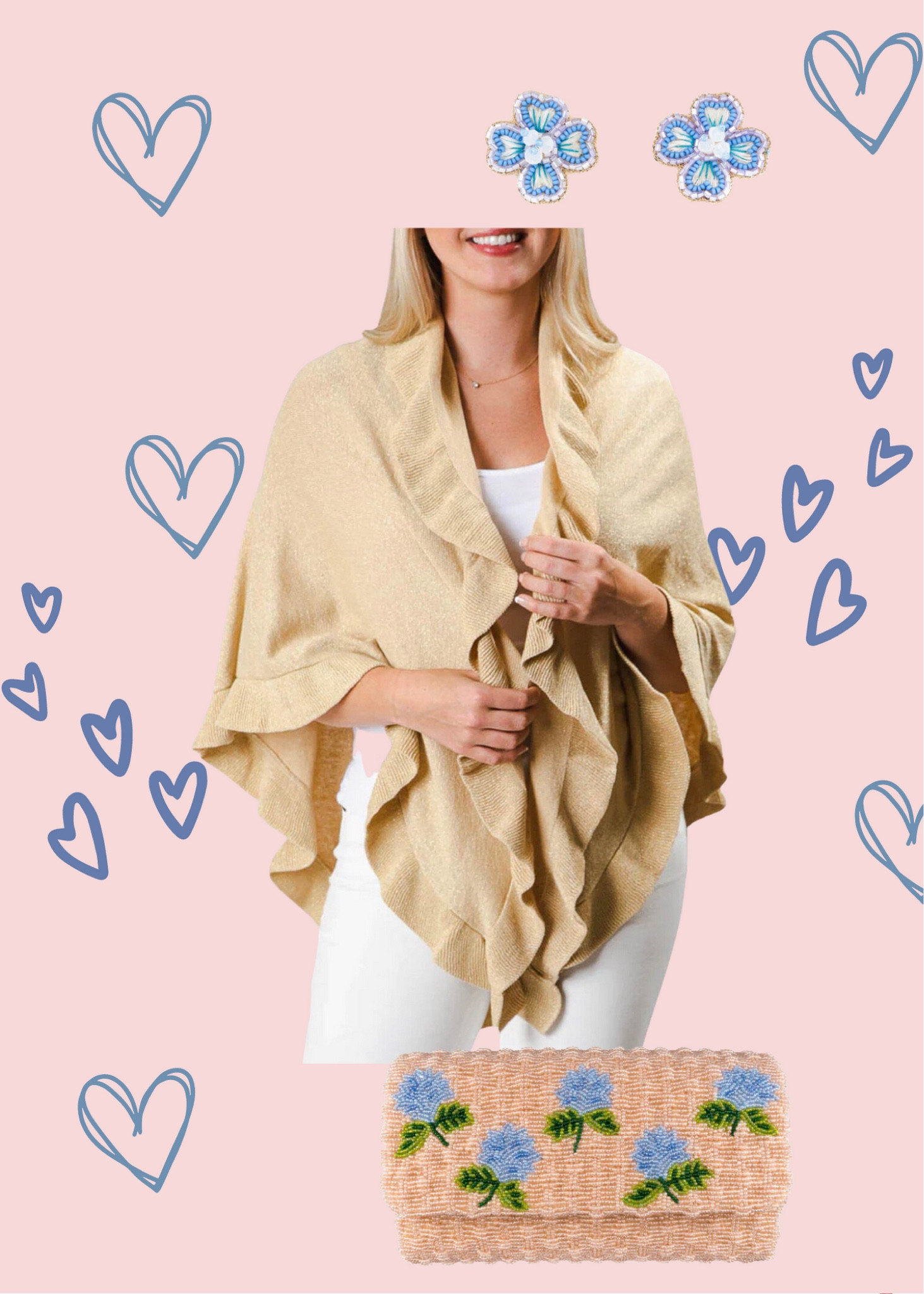 These are the perfect wrap, earrings, and clutch for any outfit for spring, summer, and the beginning of fall. This wrap is super cozy and easy to put in a bag. I should know because I have one. Also, how darlings are these earrings and clutch? They are perfect for a night out for drinks, a date, or even a bench. It will 