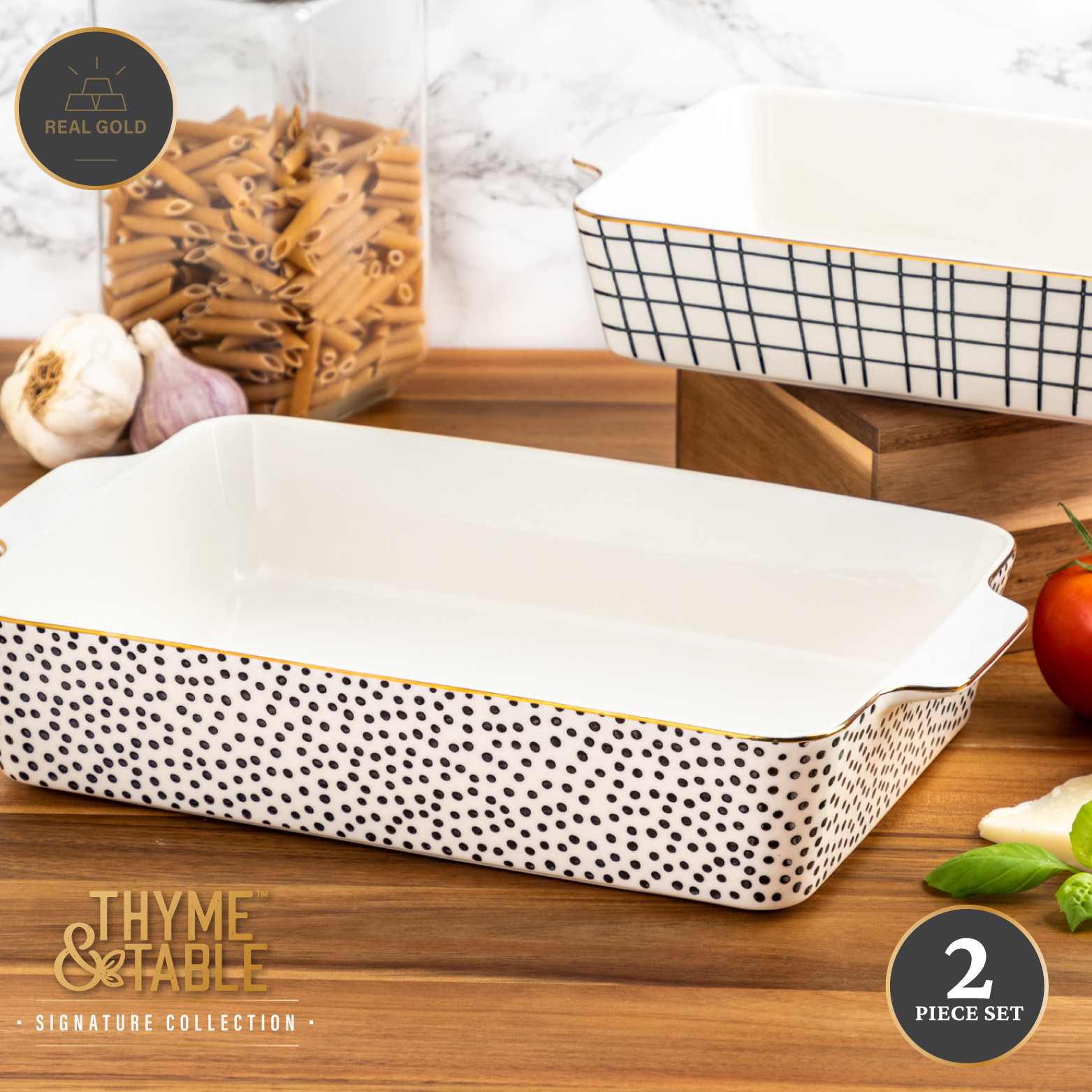 Thyme & Table Stoneware Rectangular Baker, Baking Dish, Black & White Dot, 2-Piece Set | Walmart (US)