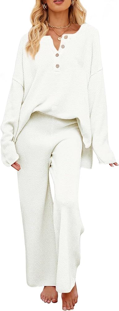 MEROKEETY Women's 2 Piece Outfit Sets Long Sleeve Button Knit Pullover Sweater and Pants Lounge Sets | Amazon (US)