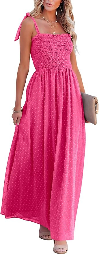 Caracilia Women's Summer Smocked Tie Strap Swiss Dot Chiffon Split A Line Long Maxi Dress | Amazon (US)